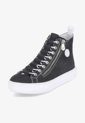 Black high-top sneaker with a textured upper, white rubber sole, zip closure, and laces woven through eyelets. Perforated detailing on sides.