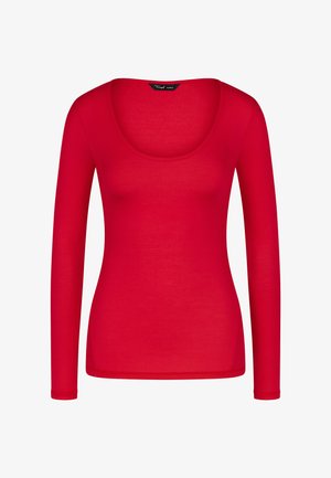 Rode langemmouwen top van ribstof met een ronde hals, featuring een getailleerde silhouette en een gladde textuur.