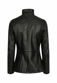 Black leather jacket with a high collar, fitted design, and seam detailing on the back. Smooth texture and long sleeves.