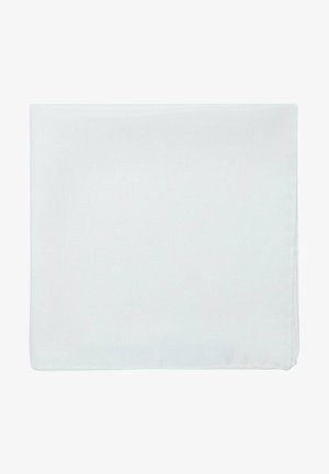 White silk pocket square with smooth texture, neatly folded edges, and no visible patterns or embellishments.