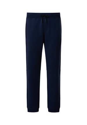 Pantaloni da jogging blu navy con vita elasticizzata e coulisse nera, tasche laterali e polsini alle caviglie, mostrati su sfondo bianco.