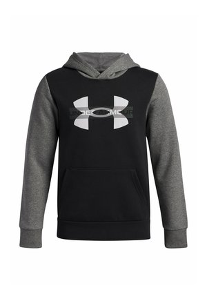 Black and gray hooded sweatshirt with a front pocket, featuring a large white Under Armour logo on the chest and ribbed cuffs.