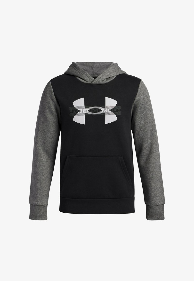 Zwarte en grijze hooded sweatshirt met een voorzak, featuring een groot wit Under Armour-logo op de borst en geribbelde manchetten.