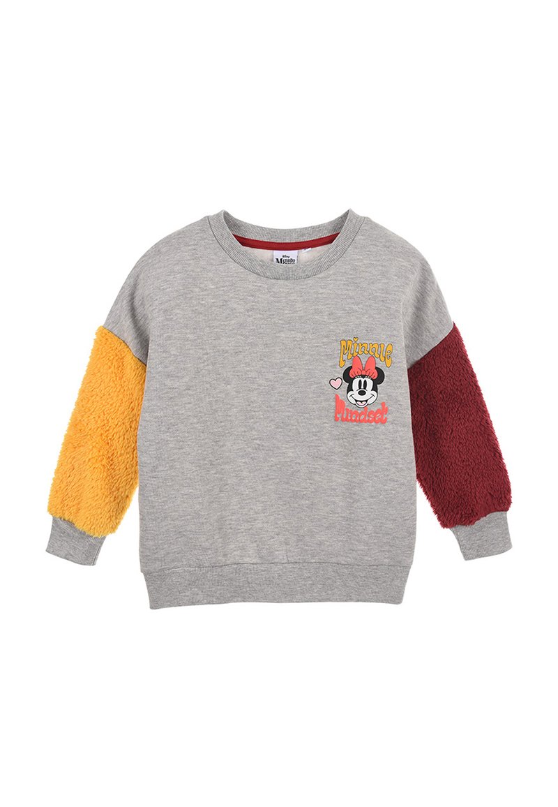 Grauer Pullover mit unterschiedlich strukturierten Ärmeln: ein orange flauschig, einer bordeauxfarben. Mit Minnie-Maus-Grafik und bunten Schriftzügen.