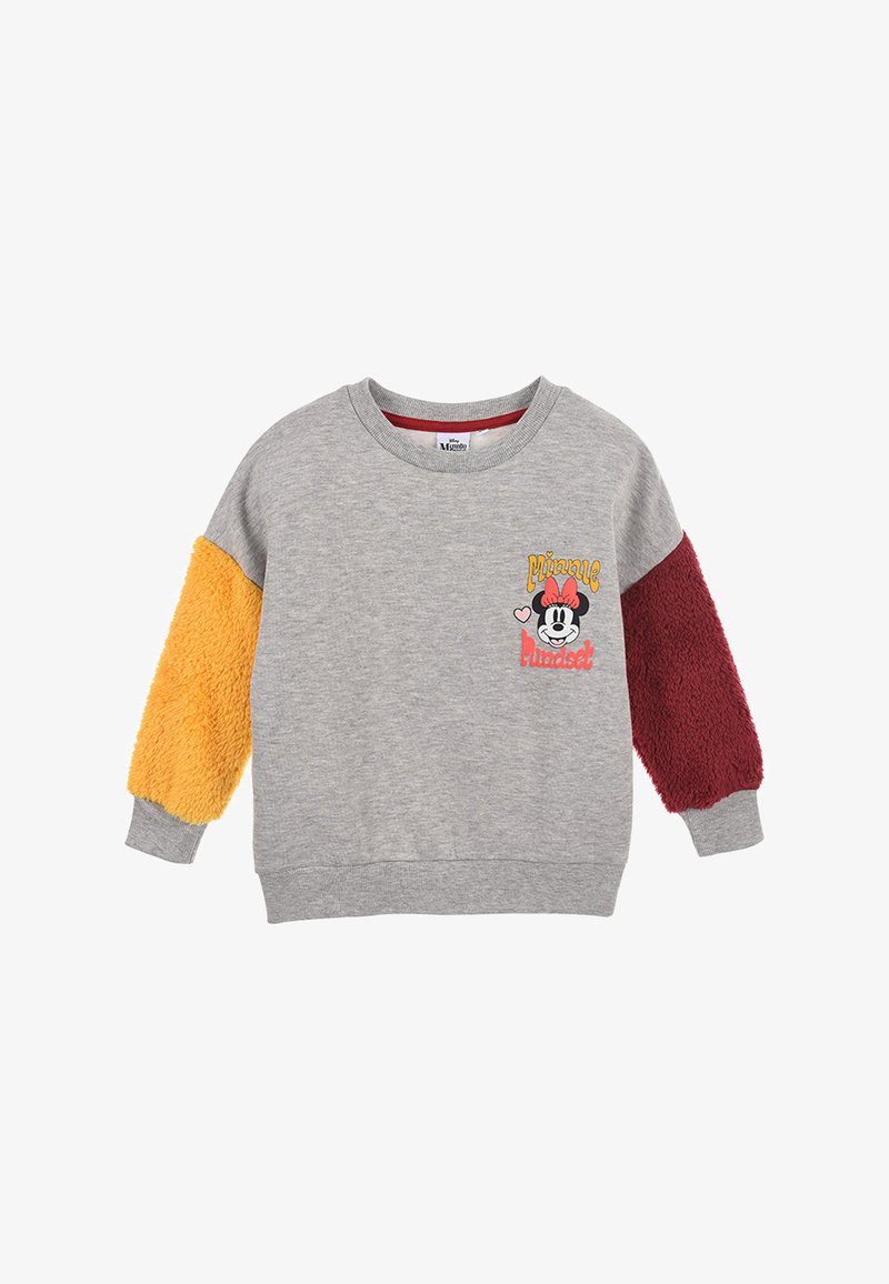 Grauer Pullover mit unterschiedlich strukturierten Ärmeln: ein orange flauschig, einer bordeauxfarben. Mit Minnie-Maus-Grafik und bunten Schriftzügen.