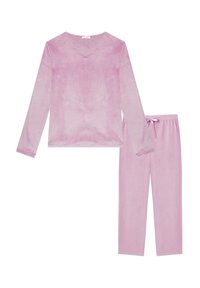 Maglietta a maniche lunghe in velluto rosa soft con scollatura a V e pantaloni abbinati con vita elastica e cordino, disposti piatti.