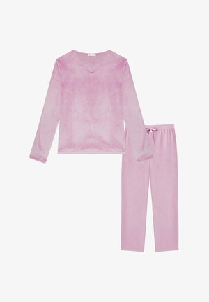 Miękki różowy welurowy top z długim rękawem, z dekoltem w kształcie litery V, oraz dopasowane spodnie z elastycznym pasem i sznurkiem, ułożone płasko.