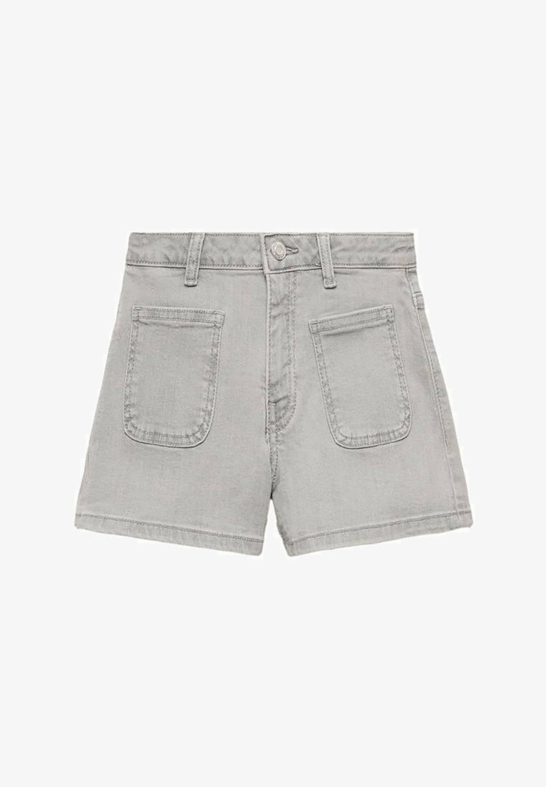 Sive hlače iz denima z visokim pasom, dvema zadnjima žepoma in gumbom za zapiranje. Imajo gladko teksturo in čist dizajn brez okraskov.