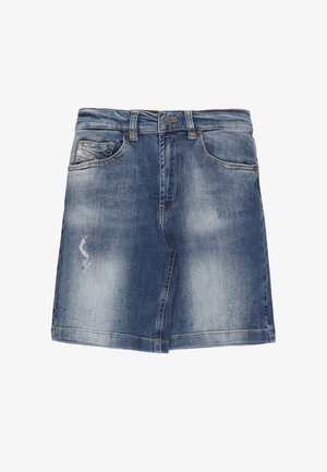 Gonna in denim blu scuro con dettagli strappati, taglio dritto e design a cinque tasche. Presenta passanti per cintura e chiusura con bottone anteriore.