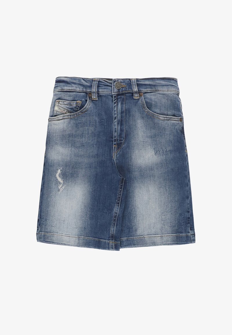 Gonna in denim blu scuro con dettagli strappati, taglio dritto e design a cinque tasche. Presenta passanti per cintura e chiusura con bottone anteriore.