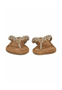 Infradito in suede marrone con inserto per le dita, caratterizzati da una fascia decorativa di accenti circolari impreziositi in tonalità dorate e beige.
