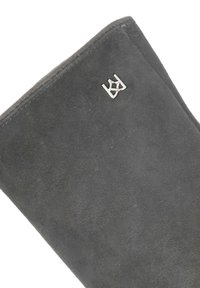 Pelēki zamšādāti zābaki ar gludu tekstūru, vienkāršu dizainu un mazu metāla logotipa akcentu sānos.