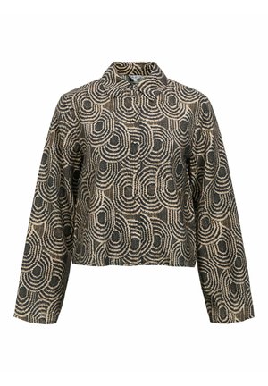 Patroon cropped shirt met een kraaghals, zwarte en beige cirkelvormige ontwerpen, lange mouwen en een gemêleerde stof.