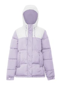 Vijolična napihljiva jakna z belim zgornjim delom, opremljena s kapuco, sprednjim zadrgo, dvema stranskima žepoma in prešitimi teksturami.