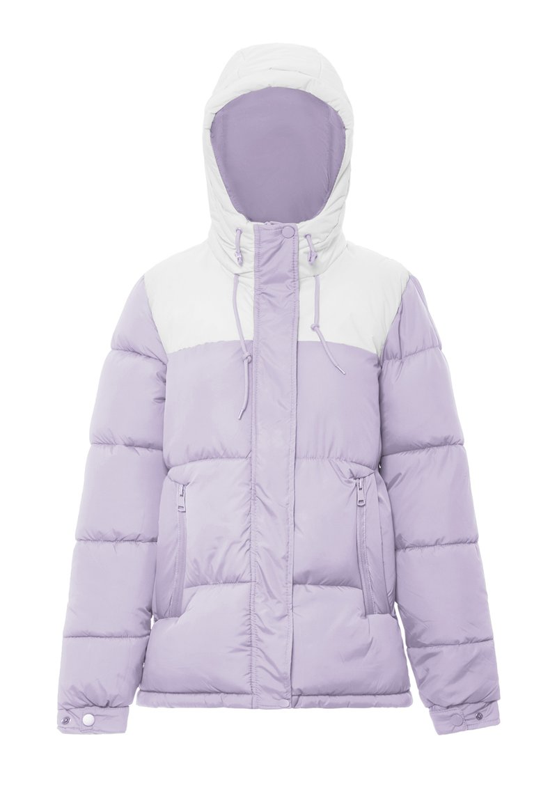 Vijolična napihljiva jakna z belim zgornjim delom, opremljena s kapuco, sprednjim zadrgo, dvema stranskima žepoma in prešitimi teksturami.