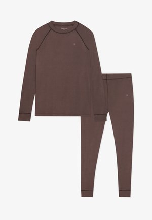Brown long-sleeve top with raglan sleeves and matching fitted pants. Smooth texture with subtle logo detail, featuring contrasting trim.