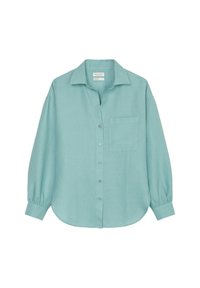 Camicia azzurro chiaro a maniche lunghe con bottoni, realizzata in tessuto morbido, dotata di colletto, taschino sul petto e polsini con bottone.