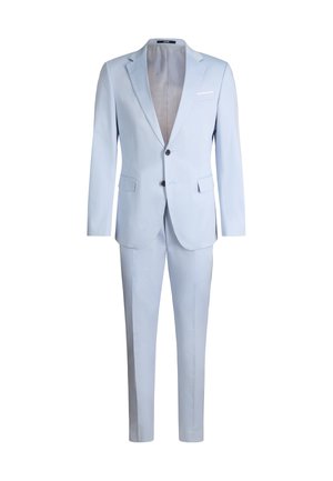 Light blue men's two-piece suit with notch lapel blazer, two buttons, flap pockets, and matching tailored trousers.