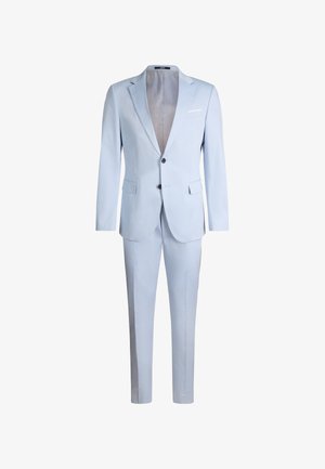 Hellblauer Herrenanzug zweiteilig mit Sakko mit Kerbkragen, zwei Knöpfen, Pattentaschen und passenden maßgeschneiderten Hosen.