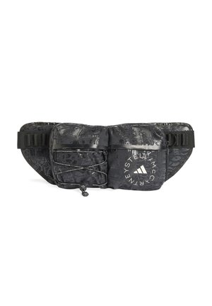 Sac à taille noir en matériau brillant et texturé, avec deux poches avant, un imprimé logo et une sangle réglable pour un maintien sécurisé.