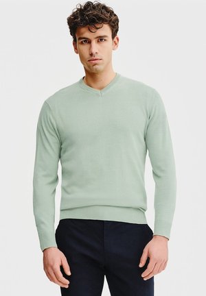 Jasnozielony sweter w serek z miękkiej dzianiny, z długimi rękawami i ściągaczami, zestawiony z ciemnymi spodniami. Prosty, czysty design.