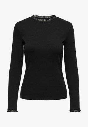 Haut noir à manches longues en tissu côtelé, avec un détail en dentelle froncée au niveau du col et des poignets. Design simple avec un col rond.