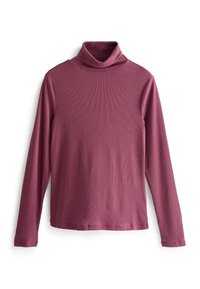 Haut à col roulé en tricot côtelé à manches longues de couleur prune douce, posé à plat sur un fond blanc.