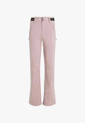 Light pink ski pants with a smooth texture, adjustable waistband, two side pockets, and contrasting black accent stripes at the waist.