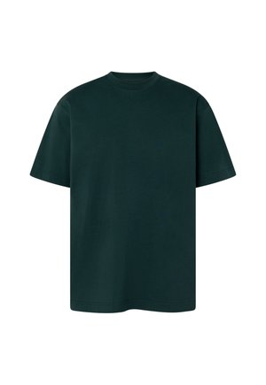 Dunkelgrünes T-Shirt mit kurzen Ärmeln und Rundhalsausschnitt, lockere Passform, schlichtes Design ohne sichtbare Logos oder Muster.