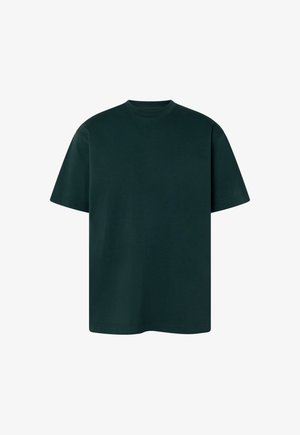Donkergroene T-shirt met korte mouwen en ronde hals, losse pasvorm, effen ontwerp zonder zichtbare logo's of patronen.