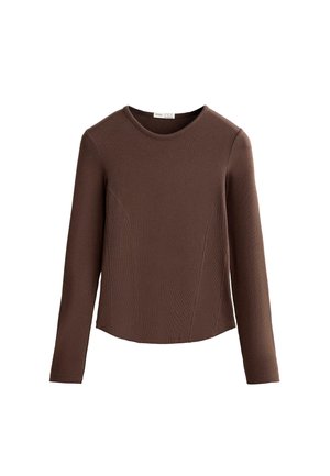 Long-sleeve brown ribbed top with a round neckline and subtle seam detailing along the sides.