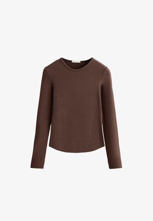 Long-sleeve brown ribbed top with a round neckline and subtle seam detailing along the sides.