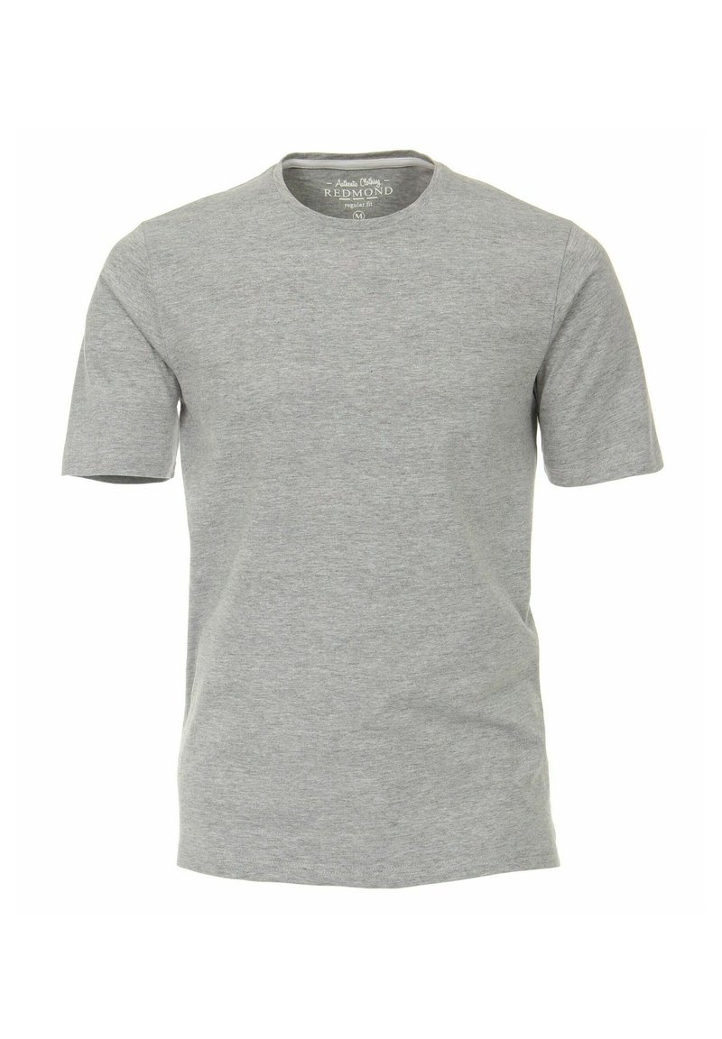 Szary t-shirt w regularnym fasonie, z klasycznym dekoltem typu crew i krótkim rękawem, wykonany z miękkiego materiału bawełnianego o gładkiej teksturze.