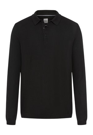 Zwarte poloshirt met lange mouwen van textuurstof. Heeft een kraag, drie knopen en ribbelboorden en -zoom.