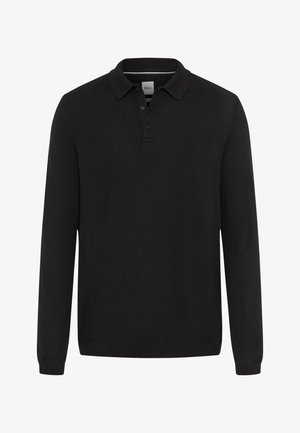 Polo a maniche lunghe nera realizzata in materiale testurizzato. Presenta un colletto, tre bottoni e polsini e orlo a costine.