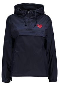 Navy blue pullover jacket with a hood, featuring a half zipper, elastic cuffs, and a red heart-shaped "OBEY" logo on the chest. Waterproof material.
