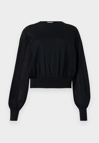 Black cropped blouse with a round neckline, puffed long sleeves, and ribbed cuffs. Features a tight elasticized waistband and sheer side panels.
