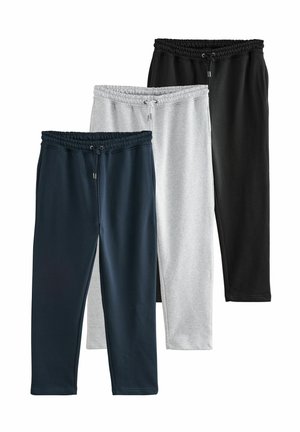 Three pairs of sweatpants with elastic waistbands. Colors: navy, gray, and black. Smooth fabric with a relaxed fit and drawstring detail.