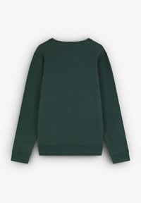 Mørkegrøn sweatshirt med rund hals og lange ærmer. Har ribbede mansjetter og kant. Glat tekstur, ingen synlige mønstre eller udsmykninger.
