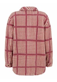 Fleecepaita-takki, jossa on ruudullinen kuvio vaaleanpunaisena ja kermanvärisenä. Siinä on kaulus ja napit hihansuissa. Pehmeä tekstuuri.