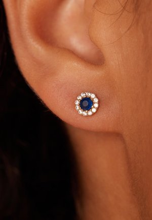 Ronde studoorbel met een centrale blauwe edelsteen omringd door kleine heldere kristallen, gezet in een zilverkleurige metalen basis. Gladde, gepolijste afwerking.