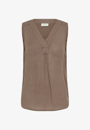 Brun ärmlös blus med V-hals, med en framtill veck och en liten knappdetalj vid halsringningen. Slät textur och rundad nederkant.