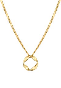 Gouden ketting met een gedraaid hangertje in een cirkelvorm, aangevuld met een gedraaide ketting, gladde textuur en reflecterend oppervlak.