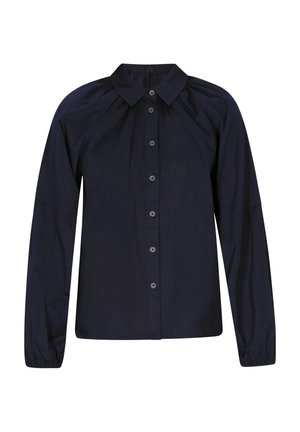 Camicia blu navy con bottoni, colletto classico, cuciture delle spalle arricciate e maniche lunghe elasticizzate in un tessuto liscio.