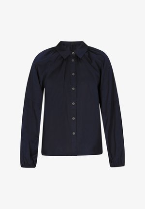 Marineblå button-up skjorte med klassisk krave, samlede skuldersømme og lange, elastiske ærmer i et glat stof.