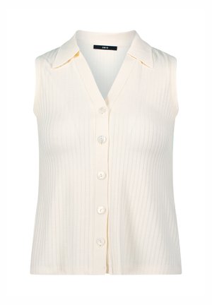 Sleeveless, cream ribbed top with a V-neck and collar. Six button closure down the front with round, translucent buttons. Smooth texture.