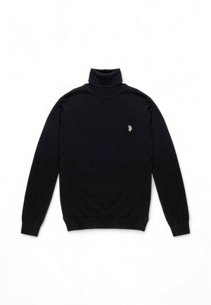 Maglione a collo alto di colore nero realizzato in tessuto morbido, con maniche lunghe e un design aderente. Piccolo logo dorato sul petto sinistro.