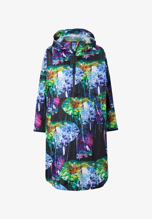 Barevný, kapucí vybavený deštník v černé barvě s abstraktními vzory slona a květin. Vyrobeno z lehkého, voděodolného materiálu. Disponuje přední kapsou.