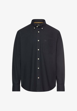 Marineblauw overhemd met knopen, een klassieke kraag, lange mouwen, een enkele borstzak en beige knopen. Gemaakt van lichtgewicht katoenen stof.