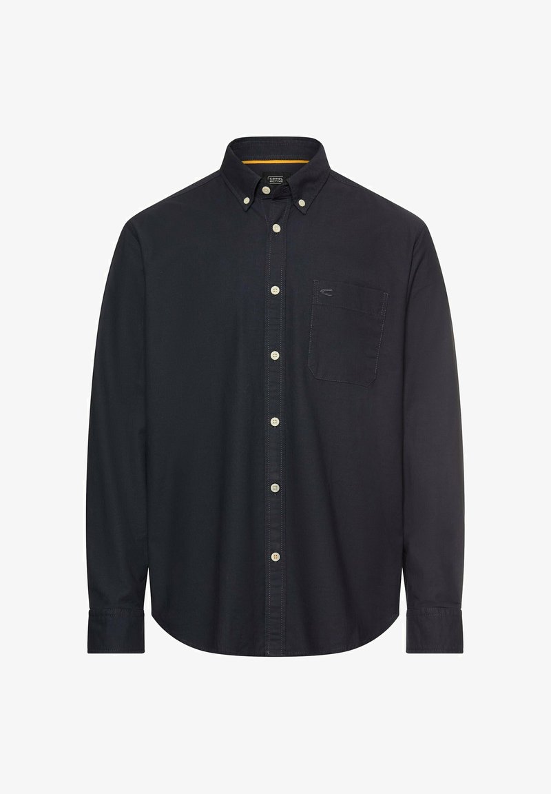 Marineblå skjorte med knapper foran, klassisk krave, lange ærmer, enkelt brystlomme og beige knapper. Fremstillet af let bomuldsstof.